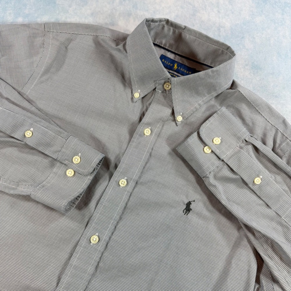 Ralph Lauren Button Down Shirt Mens M Grey Excellent Non-Iron Micro-Check Cotton